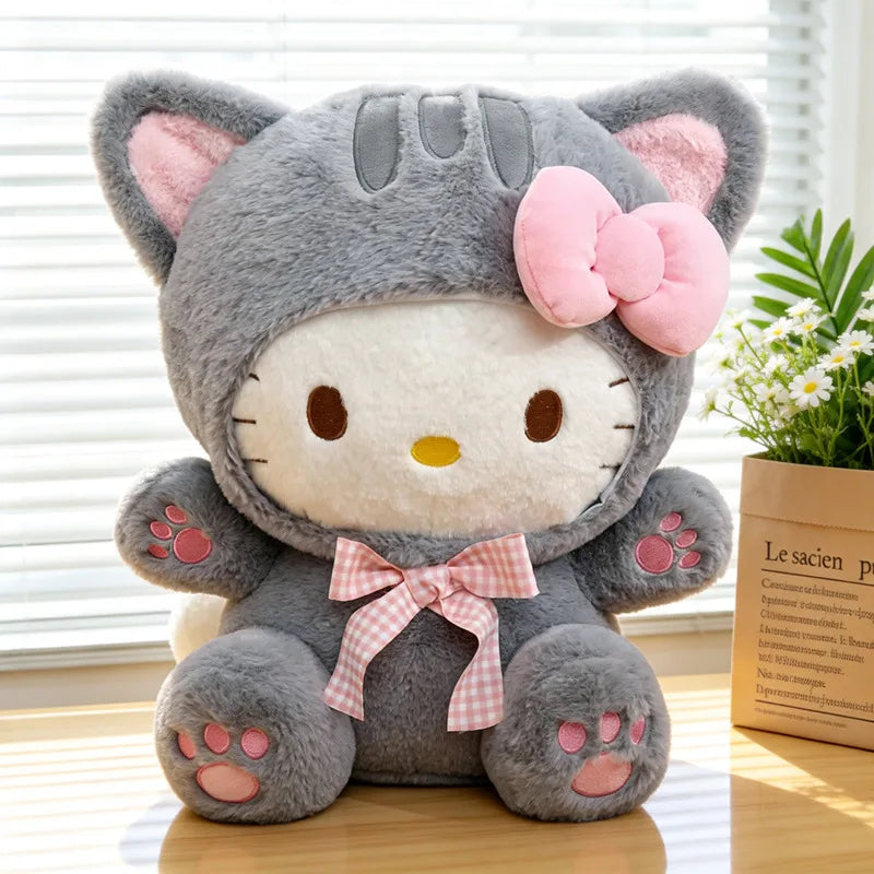 Peluche gatita gris, lazo rosa a cuadros